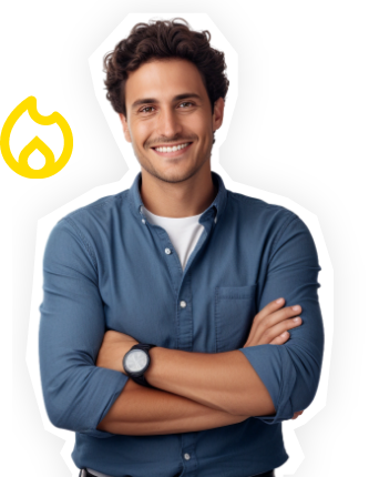 Gasicon neben einem jungen Mann im Freizeithemd, der die Arme verschränkt zuversichtlich lächelt. Teaserbild für den Themenbereich Gastarif Grundversorgung