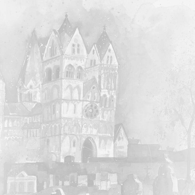 Illustrative Darstellung des Limburger Doms und umliegender Gebäude in hellem Aquarellstil. Symbolisiert die Stadt Limburg als Standort des Energieversorgers EVL.