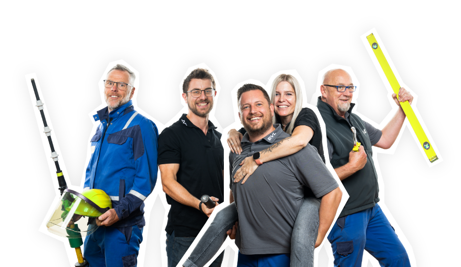 Lächelnde EVL-Mitarbeitende, teils mit Werkzeug. Headergrafik Über-uns-Seite