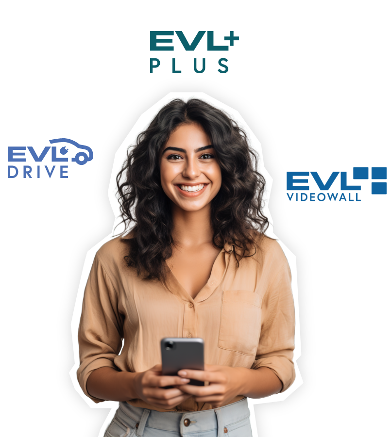 Junge Frau hält lächelnd Smartphone, umrahmt von EVL-Service-Produktmarken.