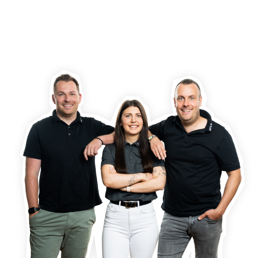 Dreiergruppe lächelnder EVL-Mitarbeitender als Headergrafik Ansprechpartner